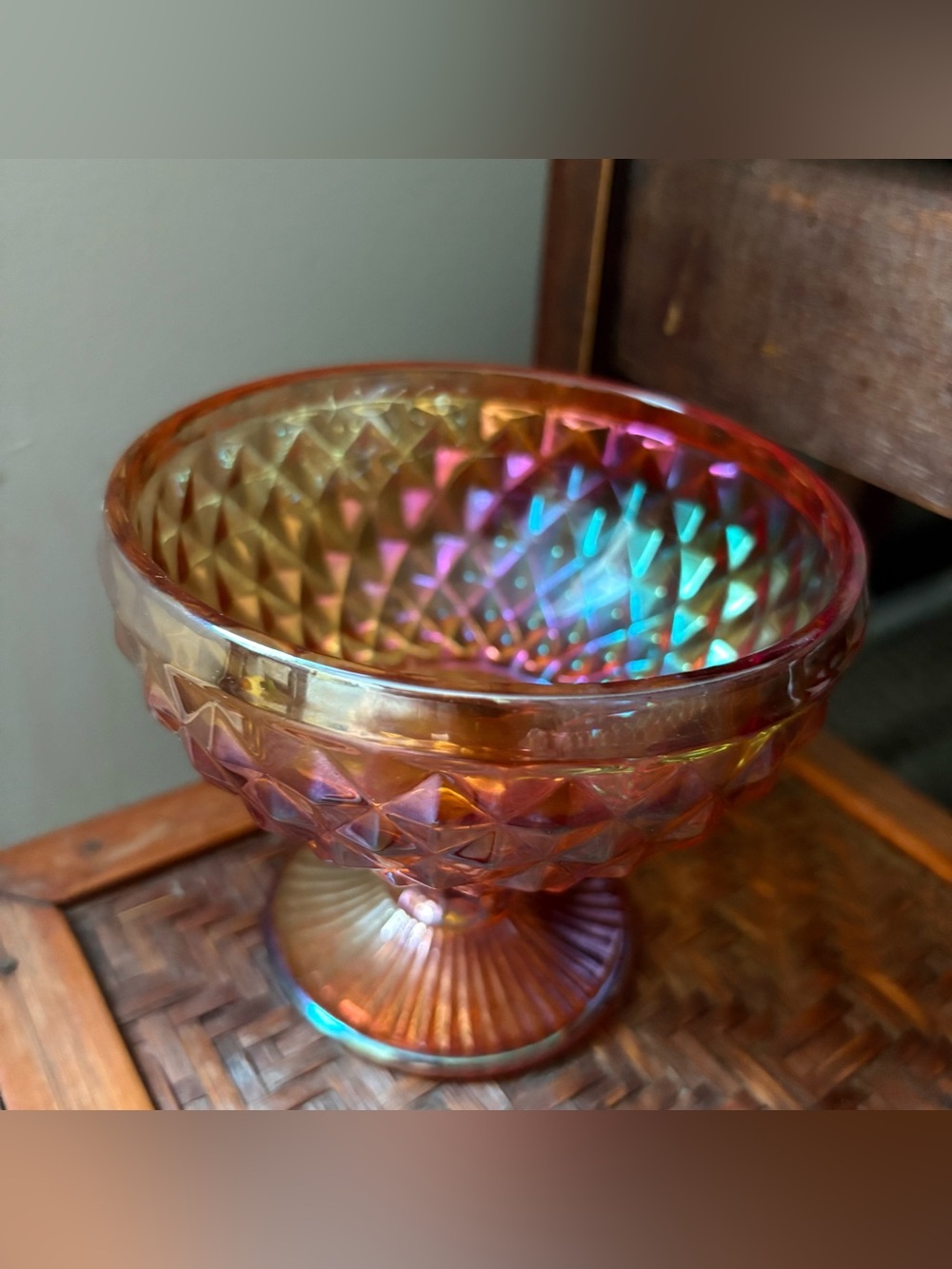 Vintage Iridescent Carnival Glass Compote Dish - Diamond Pattern